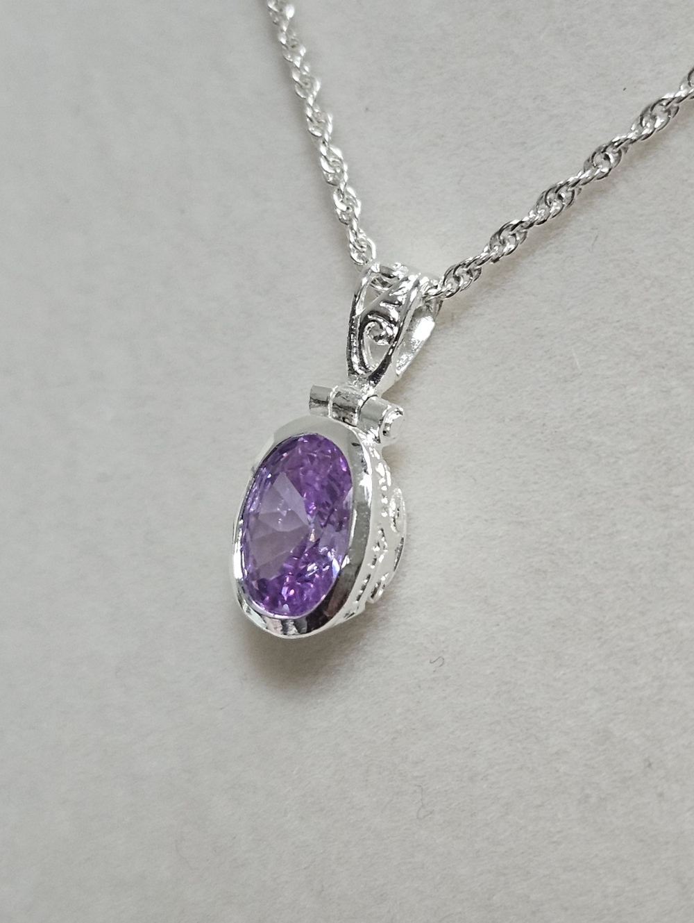 Designer 925 Sterling Silver Oval Purple Cubic Zirconia Filigree Charm Necklace
